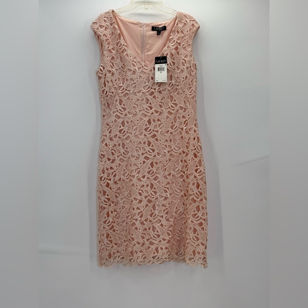 Lauren Ralph Lauren Blush Pink Lace Sheath V-Neck Sleeveless Cocktail Dress SZ 8 - Picture 12 of 15